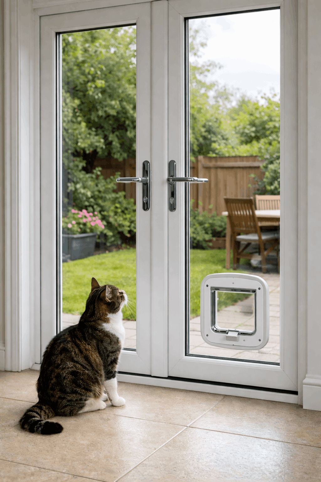 French doors with a fitted cat flap in the glass, a cat sits looking at the door