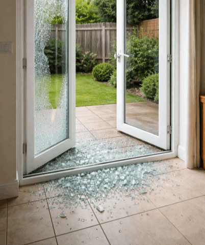 Shattered glass from a broken uPVC patio door scattered across a tiled floor, with the intact door open to a garden — emergency glass replacement for patio doors in Cleveleys and Poulton.