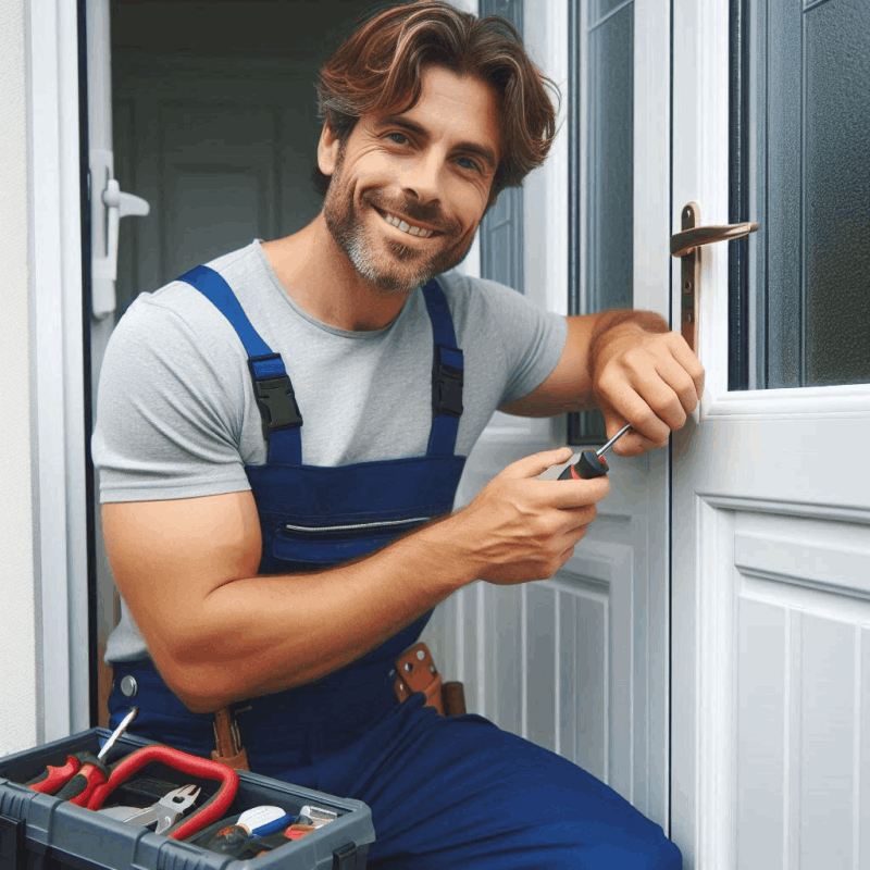 The image shows a person in a grey t-shirt and blue overalls working on a white UPVC door. The person is using a screwdriver to adjust or repair the door's lock mechanism. There is a toolbox with various tools, including pliers and a wrench, placed on the ground next to the person. This image is relevant as it depicts a common maintenance or repair task for UPVC doors, which are widely used in homes and buildings for their durability and insulation properties.