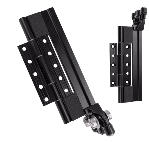Bi-folding door wheels -  alt image The image shows two views of a black metal hinge mechanism. It appears to be designed for heavy-duty applications, possibly for doors or gates. The hinge has multiple holes for screws or bolts, indicating it is meant to be securely attached to a surface. The mechanism includes a pivot point with a cylindrical component, likely for smooth movement. The hinge's robust construction and multiple attachment points suggest it is designed for durability and stability.  For your specific request about a black bi-folding door with glass replacement, here's an enhanced visualization: imagine a sleek, black bi-folding door from an outside perspective. The door frames the new, clear glass panes perfectly. You can see the work in progress as skilled hands carefully fit the new glass into place, securing it with precision tools to ensure a flawless finish.