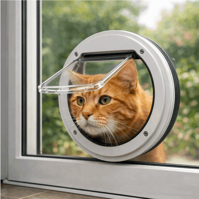 Orange tabby cat peeking through a circular cat flap in a glass door, looking indoors — cat flap installation and glass panel services in Bispham.