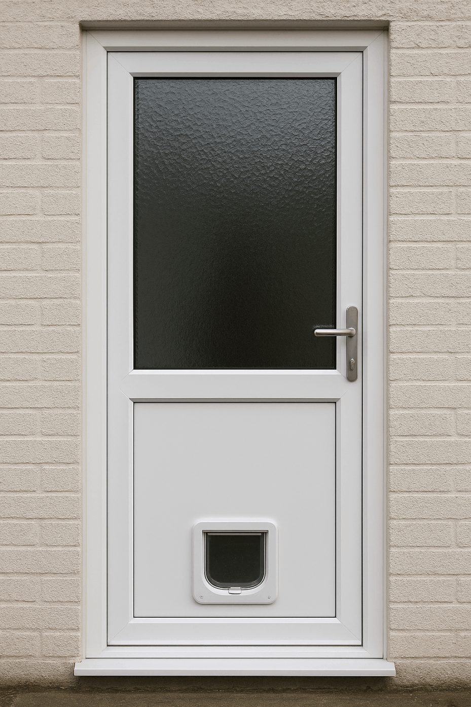 white upvc double glazed door with a solid white panel at the bottom where the cat flap is positioned.
