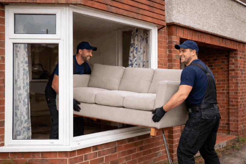 wo professional movers lifting a large sofa through an open window of a brick house — specialist sofa and large‑item access services in Knott‑End.