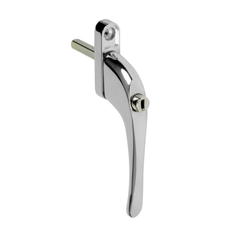 The image shows a polished chrome window handle typically used on uPVC windows. The handle has a sleek, curved design and includes a keyhole for locking. The base of the handle has a metal spindle that fits into the window mechanism to operate the opening and closing of the window. This type of handle is relevant for ensuring security and ease of use in modern window installations.
