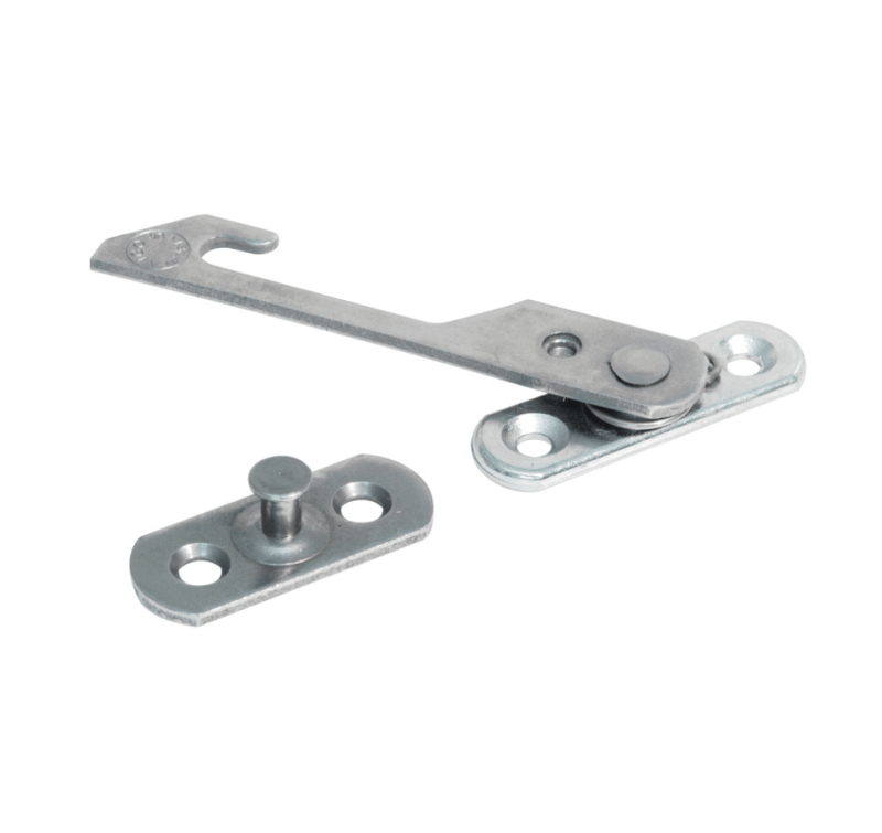 The image shows a safety catch or window restrictor designed for uPVC windows. This device limits how far the window can open, which is especially useful for child safety and security. It typically consists of a metal arm with a hook that latches onto a pin, restricting the window's opening. This setup ensures that the window can't be opened fully from the outside, providing an added layer of security.