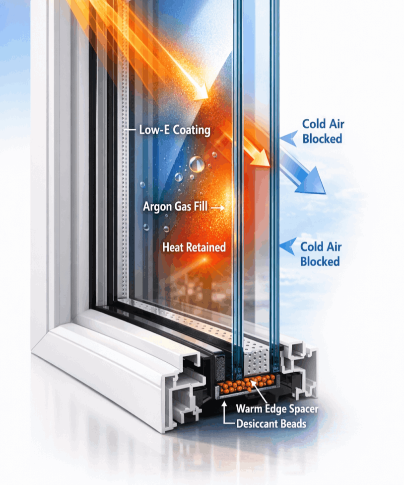 Cross-sectional illustration of an energy-efficient double-glazed window. It shows two glass panes separated by an argon gas-filled gap, with a Low-E coating on the inner surface reflecting heat back inside. Labels highlight features like “Low-E Coating,” “Argon Gas Fill,” “Heat Retained,” “Cold Air Blocked,” “Warm Edge Spacer,” and “Desiccant Beads.” Arrows indicate heat reflection and cold air blocking, emphasizing thermal insulation.