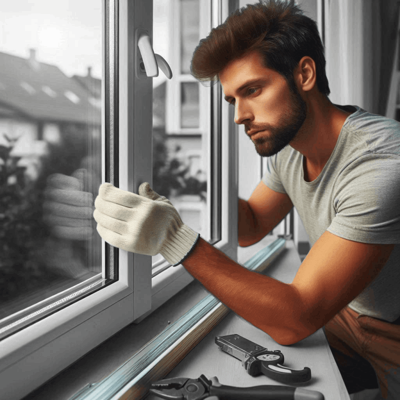 The image shows a person servicing a white uPVC window. The person is wearing gloves and appears to be adjusting the window. On the windowsill, there are tools including a pair of pliers and a utility knife, suggesting that the person is engaged in a maintenance or installation task. This image is relevant as it depicts a common home improvement or repair activity, highlighting the tools and actions involved in servicing a uPVC window.