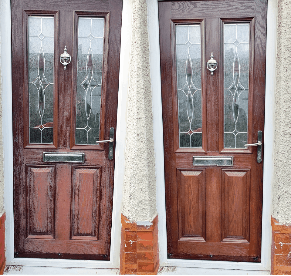 Images shows a rosewood coloured composite door before and after using our colour restorer products, the original faded door is restored to its full original colour after being treated with our colour restorer