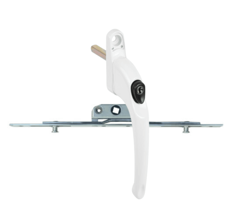 The image shows a replacement white window handle and a window locking mechanism used on uPVC windows. The handle is white with a keyhole for locking, and it is attached to a metal locking mechanism designed for installation on a window frame. The locking mechanism includes a metal plate with a hexagonal hole and other mounting points, indicating it is part of a secure locking system for windows. This image is relevant for individuals looking to replace or upgrade the locking mechanisms on their uPVC windows for enhanced security and functionality.