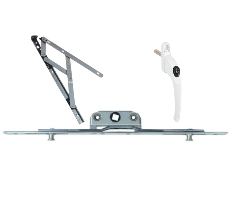 The image shows three key components for uPVC window repairs:  Replacement White Window Handle: Used to open and close the window, often lockable for added security.  Window Locking Mechanism: Ensures the window stays securely closed when locked, often involving shootbolts or espagnolette mechanisms.  Window Hinges: Allow the window to pivot and open smoothly, available in various types such as side-hung or top-hung hinges.