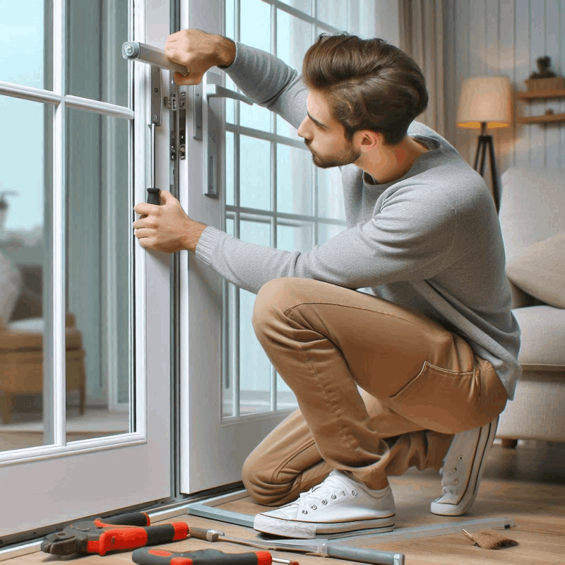 The image shows a person kneeling and working on a French door. The person is using tools to adjust or repair the door's locking mechanism. The scene is set indoors, with the person wearing a grey long-sleeve shirt, khaki pants, and white sneakers. Various tools, including pliers and screwdrivers, are laid out on the floor nearby. The setting appears to be a living room, with a couch, a lamp, and a shelf visible in the background. This image is relevant as it depicts a common home maintenance task, highlighting the importance of proper door functionality and security.