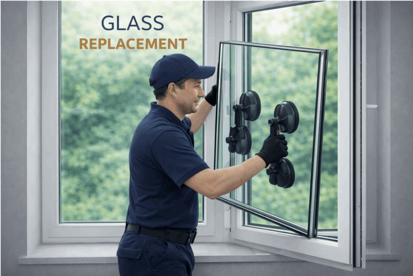 Professional window technician replacing a double‑glazed glass unit using suction lifters on a white uPVC frame, with greenery outside — glass replacement service in Fleetwood.