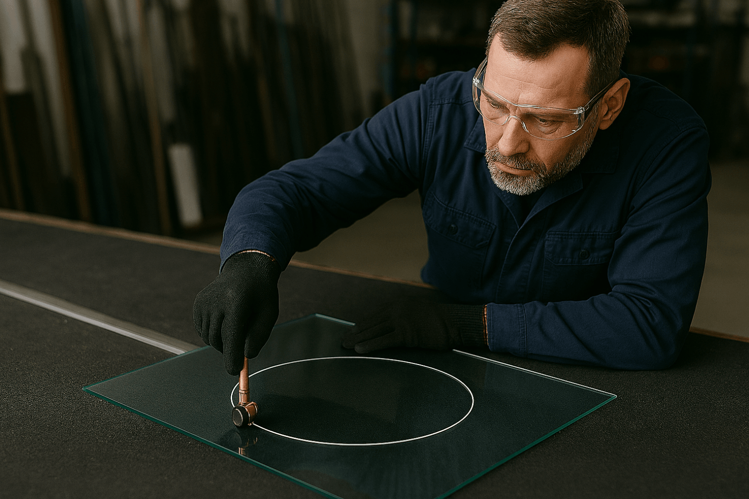 Man cuts a circular hole in a glass to form a cat flap 