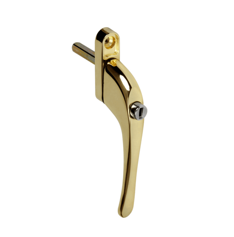 The image shows a gold window handle typically used on uPVC windows. The handle has a sleek, curved design and includes a keyhole for locking. The base of the handle has a metal spindle that fits into the window mechanism to operate the opening and closing of the window. This type of handle is relevant for ensuring security and ease of use in modern window installations.