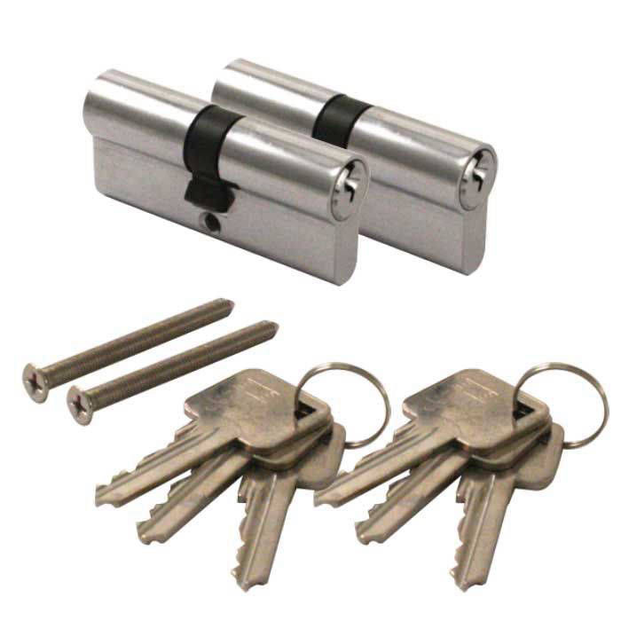 The image shows a set of two key matched cylindrical lock barrels and two sets of keys. The lock barrels are metallic and have a black band around the middle. This image is relevant for someone looking to replace or install new locks, as it provides a visual of the components included in the lock set.