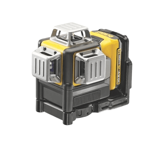The image shows a laser level device, typically used in construction and carpentry for precise leveling and alignment tasks. This particular laser level appears to be a high-end model with multiple laser emitters, likely capable of projecting lines in multiple directions for comprehensive leveling and alignment.  This tool is perfect for checking the alignment of bi-fold doors, ensuring they are properly leveled and aligned for smooth operation.