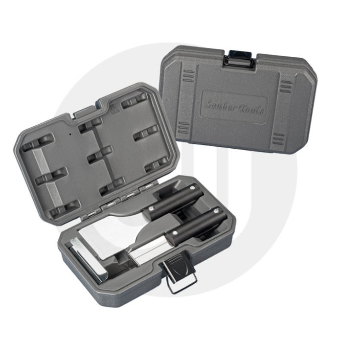 This image shows a gray plastic carrying case with the brand name "Souber Tools" embossed on the top. The case is open, revealing two tools with black handles and metal blades inside. They look like specialized cutting or chiseling instruments, neatly fitted into the molded interior of the case. The case has a secure latch to keep it closed when not in use.