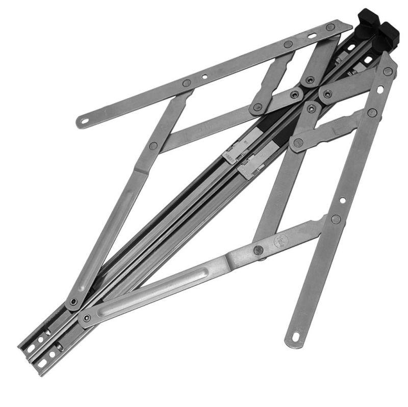 The image shows a set of friction stays and restrictor hinges designed for fire escape windows. These components allow windows to open to almost 90 degrees, ensuring an emergency exit route. The friction stays provide controlled opening and stability, while the restrictor hinges ensure the window doesn't open too far for safety. This setup is crucial for meeting building regulations and ensuring safety in case of a fire.