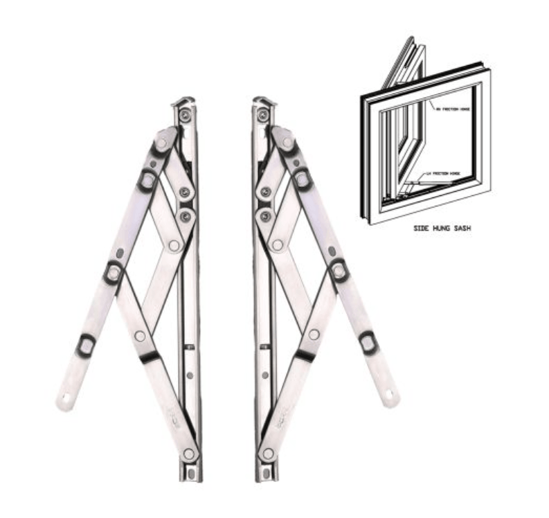 The image shows a pair of side hung friction stays from 30cm to 40cm used in windows. These stays are hardware components that allow the window to open and stay in position at various angles. The friction stays are made of metal and have multiple pivot points and arms. There is also an illustration in the top right corner of the image that demonstrates how these friction stays are installed and function in a side hung sash window. The illustration includes the text "SIDE HUNG SASH" and shows the friction stays in an open window configuration.