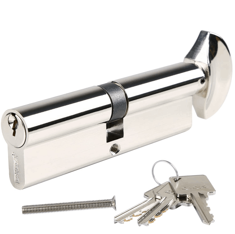 The image shows a thumb turn Euro cylinder lock. This type of lock is commonly used in doors for security and fire safety purposes. The lock has a thumb turn on one side, which allows for easy locking and unlocking from the inside without a key. The image also includes a set of three keys. The lock is made of a shiny metal material, giving it a sleek and modern appearance. This type of lock is interesting and relevant for those looking to enhance the security of their doors while maintaining convenience.