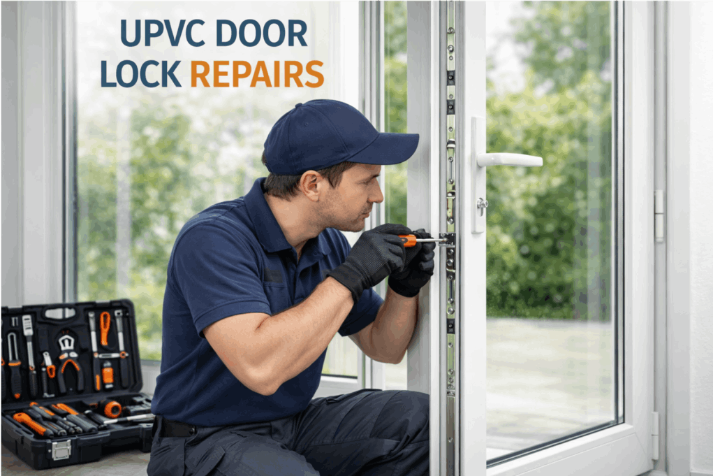 A technician in a navy uniform and black gloves kneels beside a double‑glazed uPVC door, using a screwdriver to adjust the door’s lock mechanism. An open toolbox with various tools sits on the floor next to them. The glass shows condensation, and greenery is visible outside. Text on the image reads “Double Glazing Door Repairs.