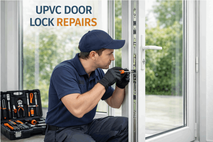 Technician repairing a double‑glazed uPVC door lock with professional tools, showing white upvc with broken lock — double glazing door repairs in Cleveleys.