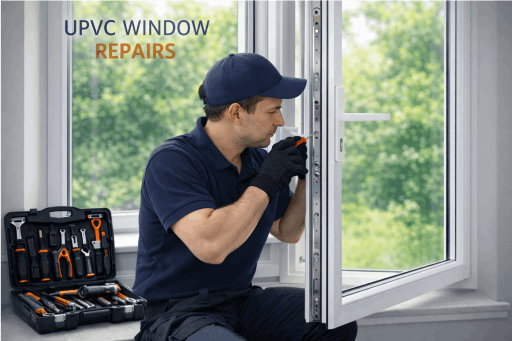 A technician in a navy uniform and black gloves kneels beside a double‑glazed uPVC door, using a screwdriver to adjust the door’s lock mechanism. An open toolbox with various tools sits on the floor next to them. The glass shows condensation, and greenery is visible outside. Text on the image reads “Double Glazing Door Repairs.
